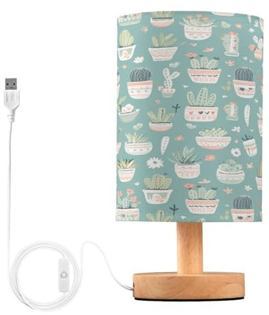 Cgiub Lampe de chevet en forme de cactus pour chambre à coucher, lampe de chevet LED, lampe de lecture avec abat-jour en tissu, base en bois et port USB pour bureau, salon, chambre d'enfant