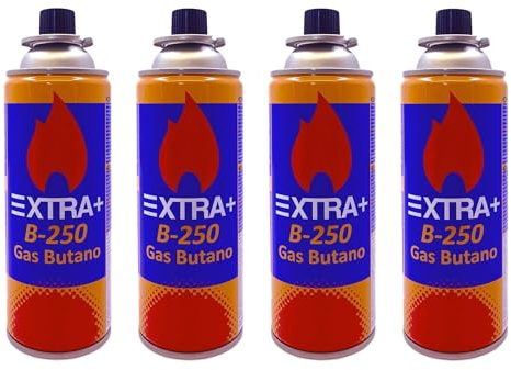 DISPAU Pack de 4 Cartuchos de Gas Butano Recambio de Gas Propano Portable Gas Butano Compatible para Cocina Portátil, Hornillo, Soplete Soldador, Camping Gas Extra+ B-250 227g