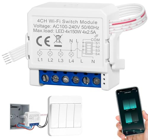 SOARFLY Interruttore WiFi 4 Vie (4P), Interruttore Smart Wifi 2.4GHz, Interruttore Alexa Luci Smart Home, DIY Mini Smart Switch Con Smart Life Tuya APP, Interruttore WiFi Alexa Con Vocale/Timer