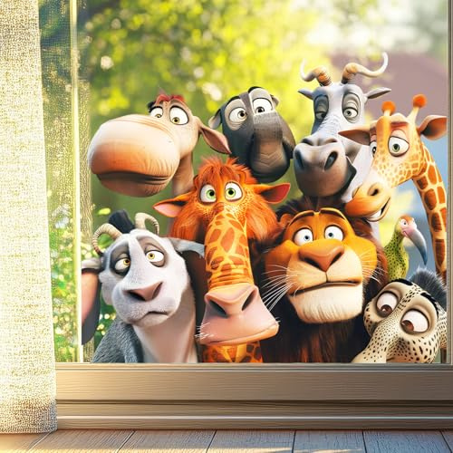 Window Stickers for Glass, Static Cling Window Film, Safari Animals Window Door Wall Decals for Kids Children Bedroom Shopping mall, Removable & Reusable, JD3477