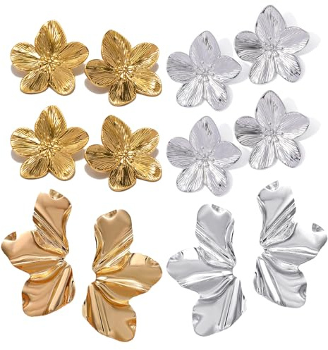 EDLMKM 6 Pairs Gold Flower Earrings For Women, Statement Earrings Big Vintage, Floral Dangle Boho Chic Wild Flower Earring, Floral Petal Earring Jewelry