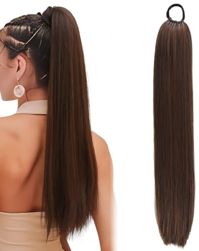 JUGUTA Ponytail Extension Queue De Cheval Avec Cordon 60Cm Postiche Extension Pour Femme Naturel Longue Ondulées Synthétique En Queue De Cheval (Marron)