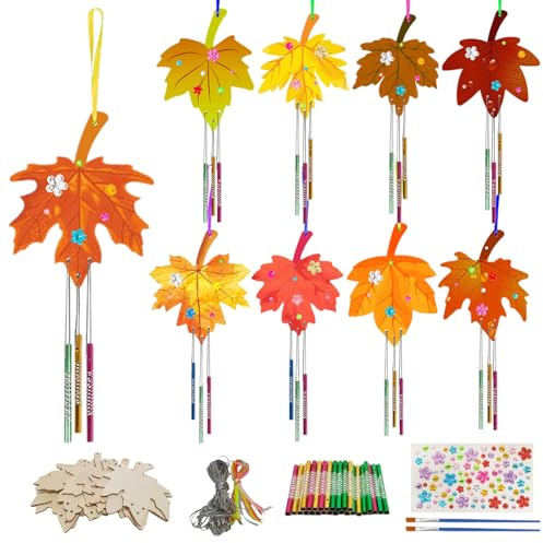 DIY Herbst Windspiel Bastelset Kinder, 9 PCS Herbst Basteln Kinder, Blatt Windspiel Holz, Halloween Bastelset, für Kind- und Halloween-Bastelarbeiten (Ahornblatt)