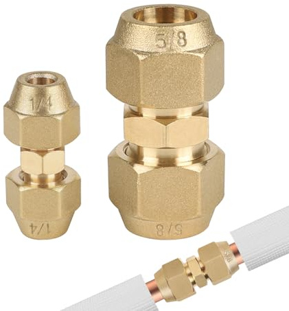 SUPAWAY Confezione da 2 raccordi doppi per tubi in rame 1/4'' e 5/8'' Connettori per tubi in rame in ottone Prolunghe per tubi in rame Senza saldatura per condizionatori Assemblati da