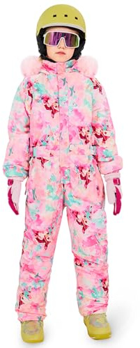 Haloumoning Girls Colorful One Piece Snowsuits Kids Hooded Fleece-Lined Waterproof Ski Suits Coveralls Winter Jumpsuits