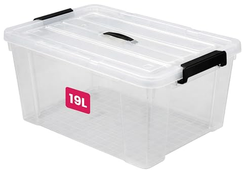 STL Clear Plastic Storage Boxes with Lids, Heavy-Duty Durable Stackable Plastic Storage Containers, Underbed Storage Boxes, Secure Clip-Lock Lid for Home, Office, Kitchen, Toys (1, 19ltr)