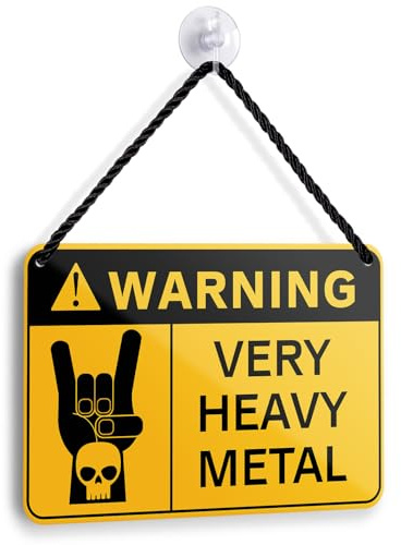 Blechschild WARNING HEAVY METAL 18x12cm - Rock Musik Metallschild - Warnschild Wanddeko mit Kordel & Saugnapf - Lustiges Geschenk für Metalheads und Rocker