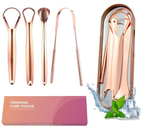 GIONAR 4 Stück Zungenschaber, Tragbarer Zungenreiniger aus Edelstahl, für Mundpflege und frischen Atem, im Geschenketui, für Damen und Herren (in Roségold)