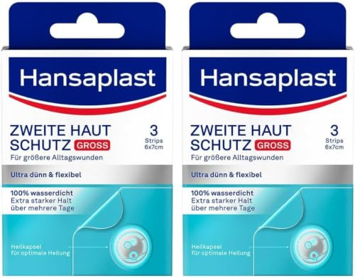 Hansaplast Pflaster Zweite Haut Schutz Gross (3 Strips), dünnes und flexibles Hydrokolloid-Pflaster mit Heilkapsel-Technologie, wasserdichtes Wundpflaster mit extra starkem Halt für mindestens 72h