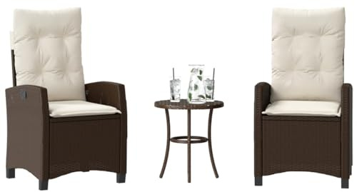 QJBSAVVA 3-TLG. Bistro-Set Braun Poly-Rattan verstellbare Gartenstühle mit Cremeweißen Kissen 57x66x93 cm Robustes Balkonmöbel-Set für Garten Terrasse und kleinen Balkon