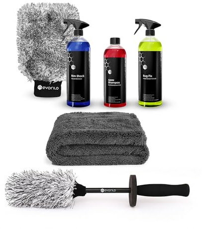 evorilo Vor- und Hauptwäsche-Set 6-teilig – Premium Außenreinigungsset mit Shampoo, Insektenentferner, Felgenreiniger, Waschhandschuh, Trockentuch & Felgenbürste