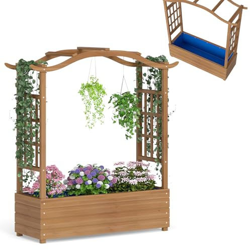 HOMASIS Blumenkasten mit 2 Rankgitter & Dachregal, Hochbeet mit Spalier, Holz Pflanzkasten für Kletterpflanz, Pflanzkübel Pflanzgefäß Rankhilfe für Garten Balkon Terrasse (Braun, 110x40x124cm)