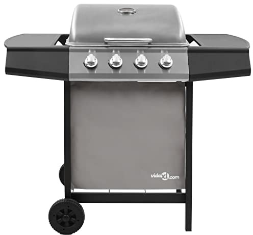 4 Burner Gas BBQ Grill Black and Silver Outdoor Cooking Station with Thermometer, Side Tables, Grease Container, and Cover