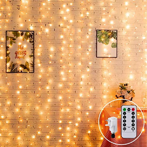 CORST 2MX2M Curtain Lights Mains Powered,Christmas Window Curtain Light Plug in,Hanging Backdrop Waterfall Lights for Room,Linkable,204 LED,Remote,Timer,Waterproof for Wall Gazebo Xmas(Warm White)