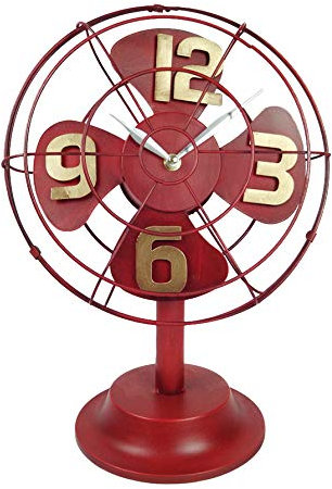 Emartbuy Reloj Ventilador de Mesa de Metal de Estilo Industrial Retro Vintage Decoración Rústico de La Oficina Casa - Rojo