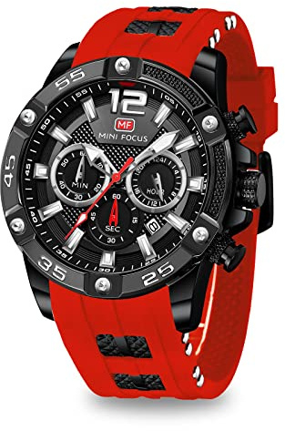 MF MINI FOCUS Relojes para hombre, relojes de pulsera casuales únicos (cronógrafo/resistente al agua/luminoso/calendario/24 horas), correa de silicona, relojes de moda para hombres, Rojo, Cronógrafo