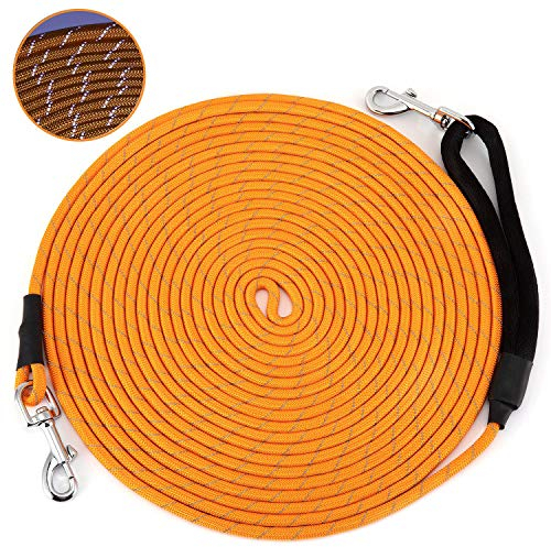 HAPPY HACHI Schleppleine für Hunde, Reflektierend Schleppleine Hundeleine mit Handschlaufe & 2 Karabinerhaken, Robuste Geflochten Trainingsleine für Kleine bis Große Hunde (Orange, 15m)