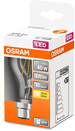 OSRAM Lámpara LED Star de filamento claro, base B22d, blanco cálido (2700K), forma de bombilla, sustituye a las bombillas convencionales de 40W, paquete de 1