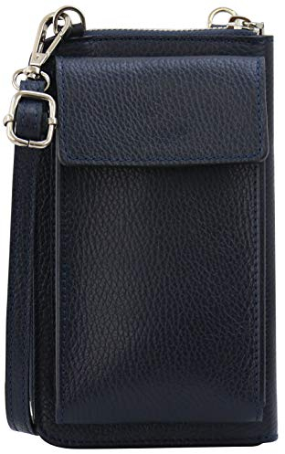 SH Leder Damen Handytasche Umhängetasche Geldbörse Multifunktion Beutel aus Echtleder Verstellbar Schultergurt Handy bis 6,8 Zoll 11,50x19cm Sarah G339 (Dunkelblau)