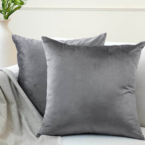 Encasa XO Kissenbezüge aus Samt - 2er-Set (50x50 cm) - Grau- Uni gefärbt, weich & glatt, waschbar, quadratisch, großer Wurfkissenbezug für Couch, Sofa, Stuhl, Bett und Wohnbereich