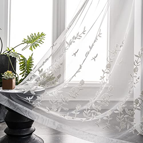 Melodieux Flower Embroidery Sheer Curtain for Living Room Patio Sliding Door Wide Window Rod Pocket Voile Drape, White Flower, 100 by 84 Inch (1 Panel)