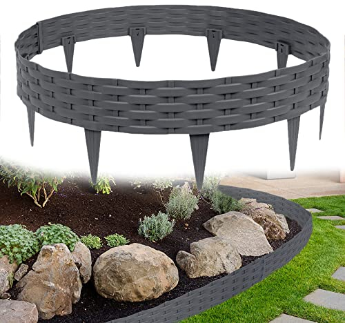 YARDIN Borde para césped de plástico de ratán, redondo, cercado de bancal, 10 m, palisadas con 10 elementos de 100 cm (antracita)