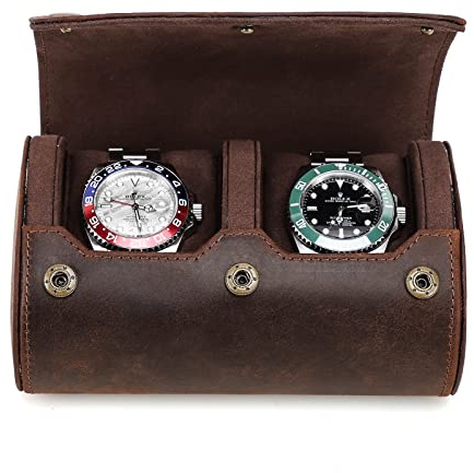 CONTACTS Boîte de voyage en cuir véritable pour montres, rouleau, boîte organisatrice pour 2 montres, manche portable protecteur pour affichage de montre, pour voyage vintage (Coffee-CF1137)