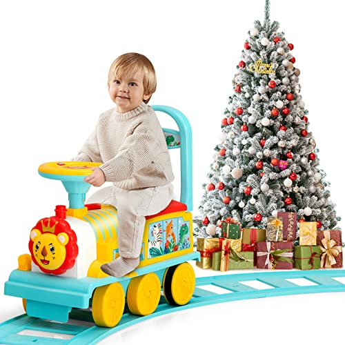 GOPLUS Kinder Elektro Zug, Kinderfahrzeug mit 16 STK. Schiene Set, 6V Kinder Aufsitz mit Licht, Musik, Zugpfeife & Stauraum, Elektro Kinderauto für Jungen & Mädchen ab 3 Jahren (Blau)