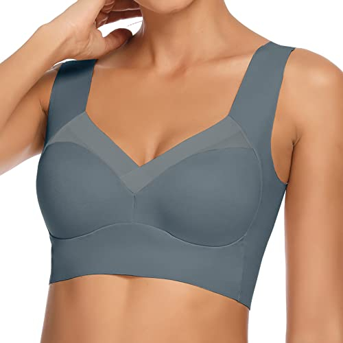 WOWENY Damen Ohne Bügel BH Rückenfrei Sexy Unterwäsche Schlaf Bustier Breite Träger Bralette Komfort Weicher Klassischer BH Dunkel Grau XL