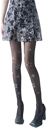 goodluxx Medias sexys con estampado de estrellas sin costuras para mujer, con diamantes de imitación, lencería sexy, color negro, blanco y negro