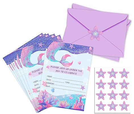 EULAPGOE 12 Pezzi Biglietti Invito Sirena Compleanno Bambini Glitter Sirena Invito Compleanno Colorato con 12 Pezzi Buste Viola per Bambini Ragazze