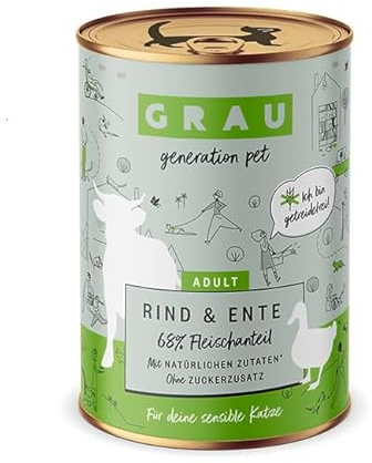 GRAU – das Original – Nassfutter für Katzen - Rind & Ente, 6er Pack (6 x 400 g), für sensible erwachsene Katzen