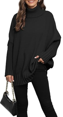 QUNERY Pull Femme Oversize Col Roulé Doux et Chaud Taille Unique Couleur Unie Pullover Hiver Épais Décontracté et Tendance Pull A-Noir