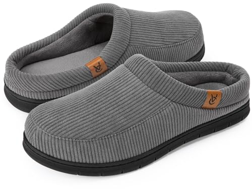 VeraCosy Herren Cord Mokassin Hausschuhe Memory Foam Winter Pantoffeln Cooles Grau, 44-45 EU