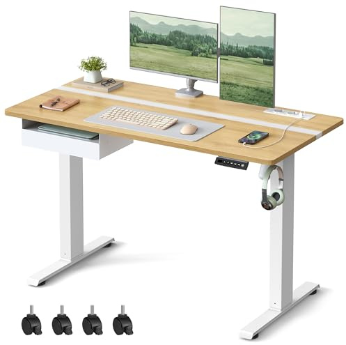 VASAGLE Höjdjusterbart elektriskt skrivbord, Sitt-Stand-skrivbord, Power Strip, 120 x 60 x (72-120) cm, Kontinuerligt justerbar, 4-höjds minnesfunktion, Natural Oak och Cloud White Color LSD112N01