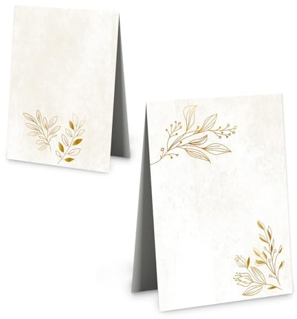 Edle Tischkarten mit Goldfolie, 25er Set: Namenskärtchen für Hochzeit, Geburtstag, Taufe, Konfirmation & Kommunion, Festdeko Tisch, Platzkarten zum Beschriften, Tischkärtchen Gold Beige, 8,5 x 5,5 cm