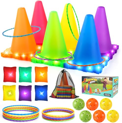 Light Up Wurfspiel Outdoor Spiele für Kinder,Party Wurfspiele Ringwurfspiel Ringe Werfen Wurfspiel Wurf Spiel mit LED Pylonen und LED Bean Bags,Garten Spielzeug Geschenk für Jungen Mädchen ab 3 4 5 6