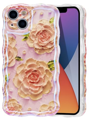 EYZUTAK Coque pour iPhone 15 Plus/14 Plus, Coloré Vintage Peinture à l'huile Laser Fleur Cas de Téléphone Brillant Curly Wave Frame Durable Souple TPU Housse de Protection - Rosa#4