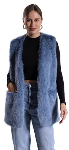 FunnyCos Gilet invernale da donna in finta pelliccia di coniglio, con scollo a V, senza maniche, soffice e caldo, con tasche, Blu foschia, L Tall