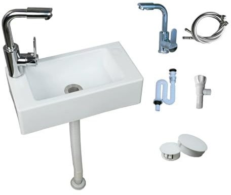 Ausgussbecken kunststoff-Rechteckiges Waschbecken aus weißem Waschbecken modernes Design leicht zu reinigen mit Legierungsarmatur (40 * 20 * 11cm)[schief]