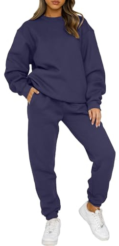 Yutdeng Tuta da Donna Foderato in Pile Completo Sportivo 2 Pezzi Manica Lunga Girocollo Pullover Felpa e Pantaloni Jogging Tute Tinta Unita Casual Outfit per Casa Palestra Yoga,Navy,M