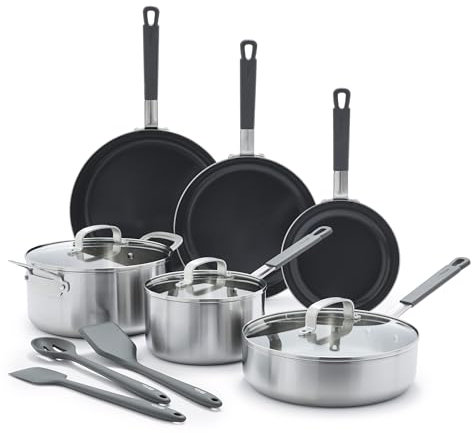 GreenPan Bobby Flay - Juego de ollas y sartenes de acero inoxidable de 12 piezas, triple capa de grado profesional, cerámica antiadherente sin PFAS, apto para inducción, apto para lavavajillas y