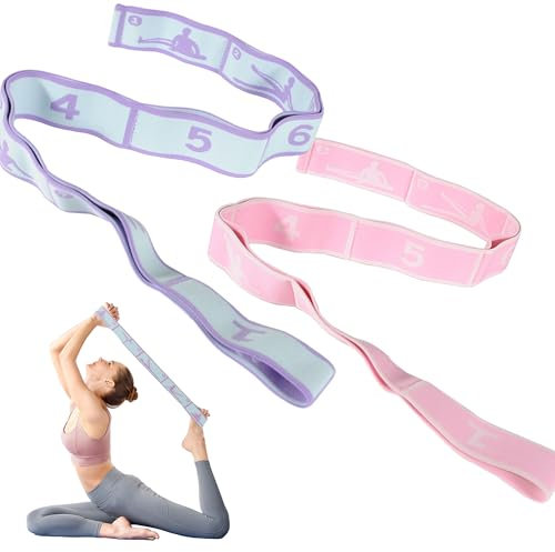 2 Stück Yoga Stretch Gurt mit 8 Schleifen, Yoga Stretching Band, Dehnungsband, Verstellbares Übungsband, Hochelastischer Widerstandsbänder für Effektives Dehnübungen und Yoga-Training