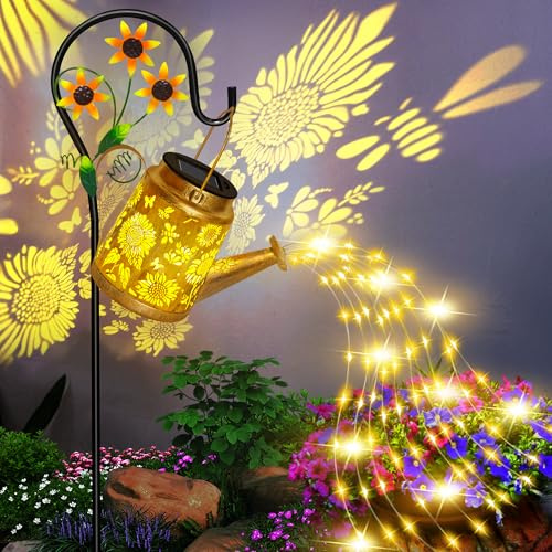 Luces solares para regadera, decoración de jardín al aire libre, linterna colgante de girasol grande con gancho de pastor, luces de jardín impermeables para paisaje al aire libre, camino, patio,