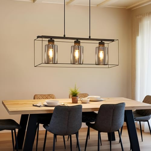 CBJKTX Pendelleuchte 3 Flammig Hängelampe Vintage - Glas Hängeleuchte | Schwarz Retro E27 Metall Pendellampe Hängend Esszimmerlampe für Wohnzimmer Esstisch Küche (ohne Leuchtmittel)