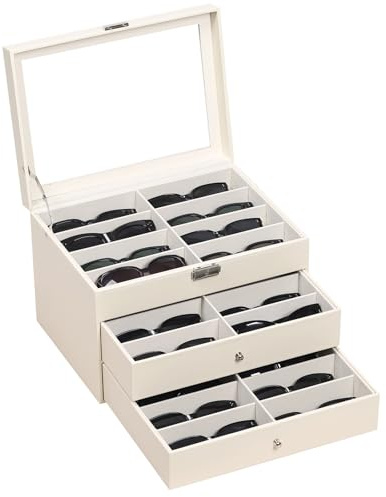 AUTOARK Leather Clear Lid 24 Piece Eyeglasses Storage and Sunglass Glasses Display Drawer Lockable Case Organizer,Beige,MKAW047