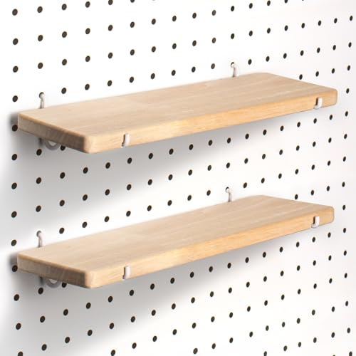 SEMPOMA 2 x Solid Wood Pegboard Shelf with Pegboard Hooks, Anti-Tilt Design, Pegboard Accessory Shelf for Craft Room, Garage, Gaming Room | Fit 1/4 Pegboard, High Balance and No Tilt, Pegboard accessories for Display Craft Garage Workbench Office