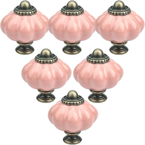 Roellgs 12-pack keramiska dörrknoppar, pumpa, keramiska knoppar, vintage skåpknoppar med monteringsskruvar, antik garderob, draghandtag, köksskåpsknoppar för byrå (rosa)