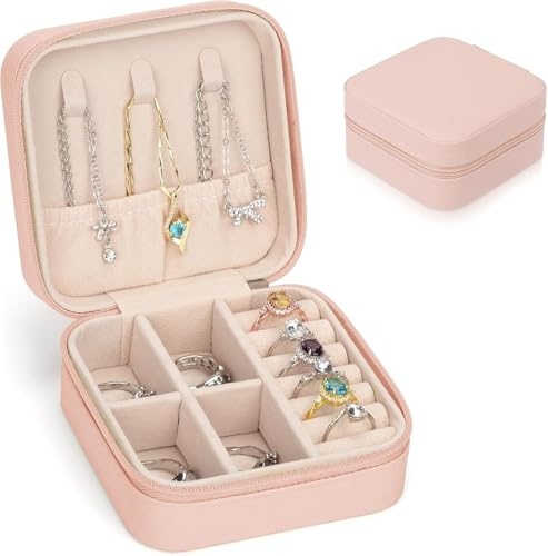 Fenglin-joy Mini Joyero Viaje, Joyero Pequeño Portátil Jewelry Organizer para Mujer Joyero de Cuero PU para pendientes, anillos, pendientes, collar (Rosa