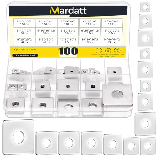 Mardatt Juego de 100 placas de arandela cuadradas M3, M4, M5, M6, M8, M10, M14, 15 tamaños, acero inoxidable 304, arandelas planas para reparación de maquinaria, hardware al aire libre